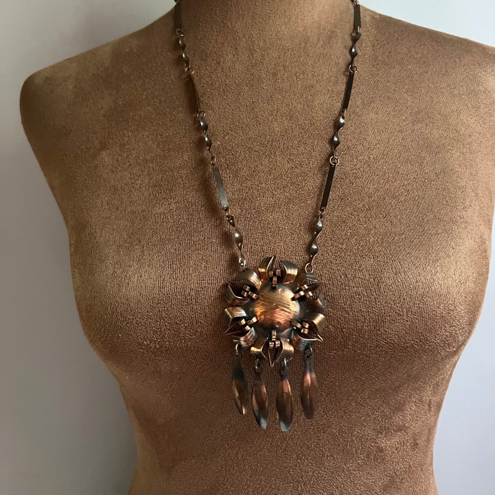 Vintage Brutalist Copper Sunburst Dangle Pendant Necklace 24" Cottagecore 60s
